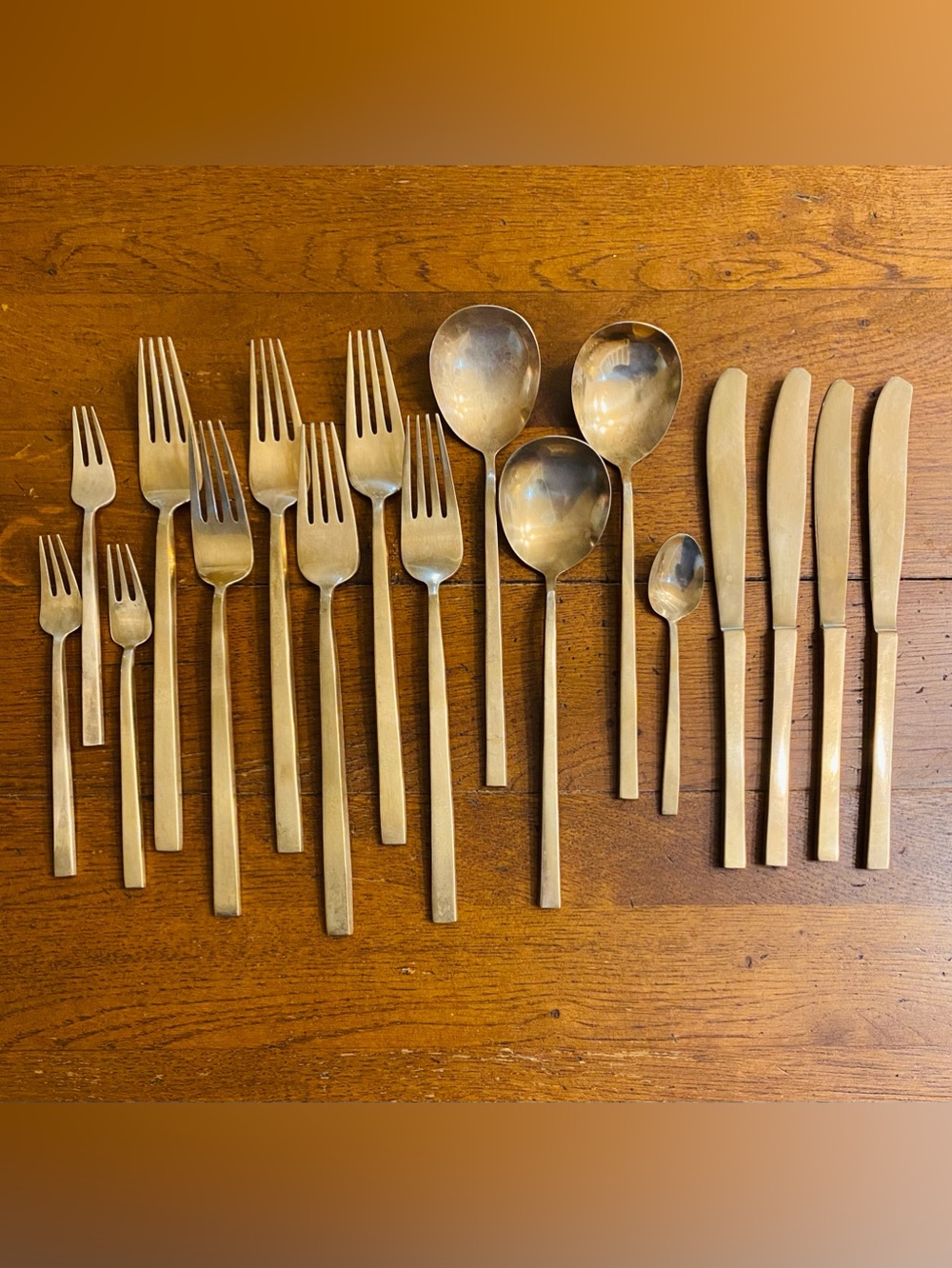 VTG Siam Gold ToneSolid Nickel Bronze Flatware Set 17 Pieces MCM Thailand